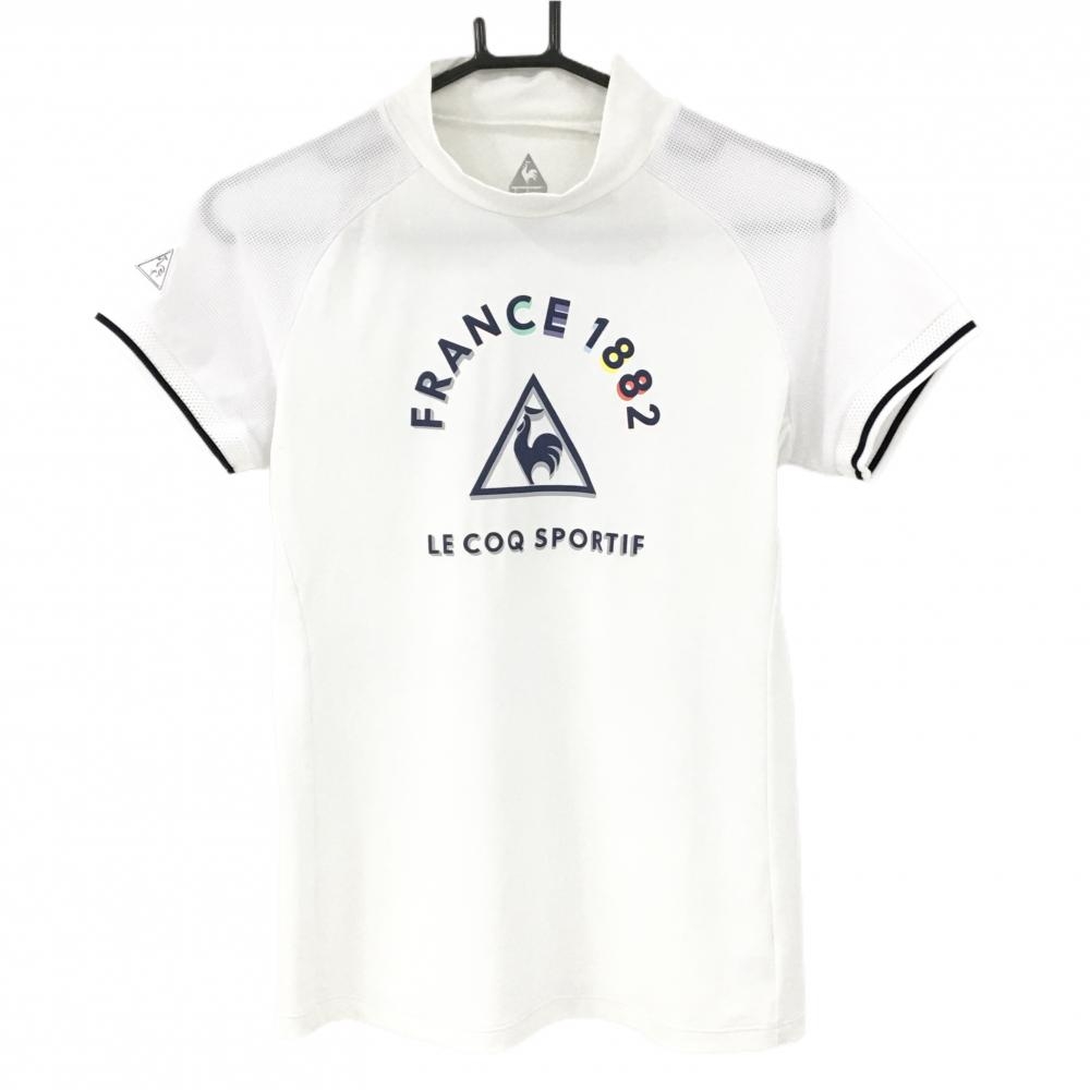 ルコックゴルフ 半袖ハイネックシャツ 白×ネイビー ロゴプリント 袖メッシュ  レディース L ゴルフウェア le coq sportif