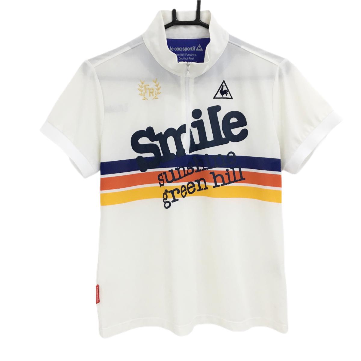 ルコックゴルフ 半袖ハイネックシャツ 白×ネイビー ハーフジップ ロゴ刺しゅう レディース LL ゴルフウェア le coq sportif