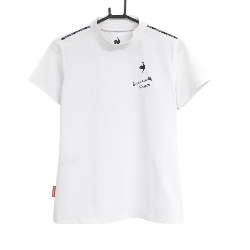【超美品】ルコックゴルフ 半袖ハイネックシャツ 白×ネイビー 肩ライン ロゴ刺しゅう  レディース L ゴルフウェア le coq sportif