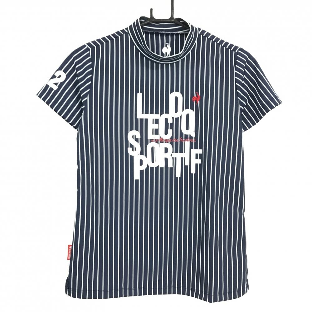 【超美品】ルコックゴルフ 半袖ハイネックシャツ ネイビー×白 ストライプ フロントプリント レディース L ゴルフウェア le coq sportif