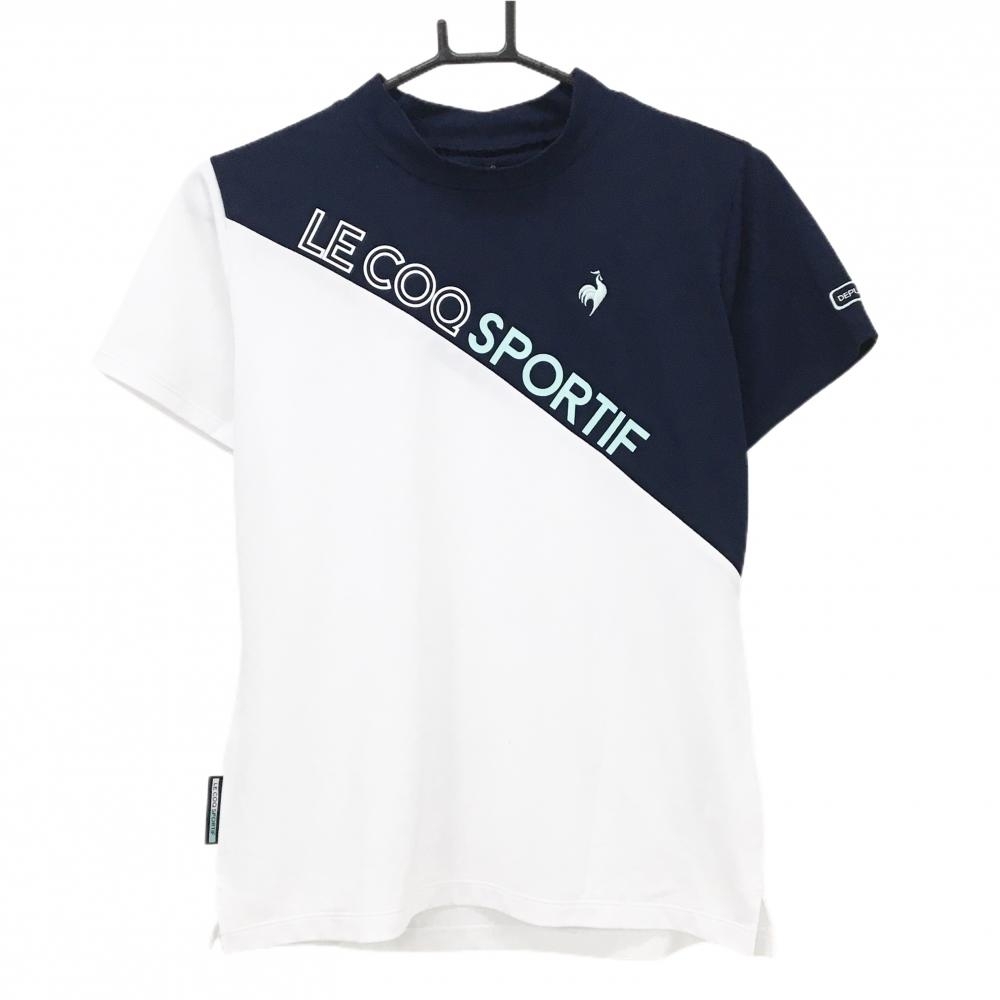 【美品】ルコックゴルフ 半袖ハイネックシャツ ネイビー×白 フロントロゴ  レディース LL ゴルフウェア le coq sportif