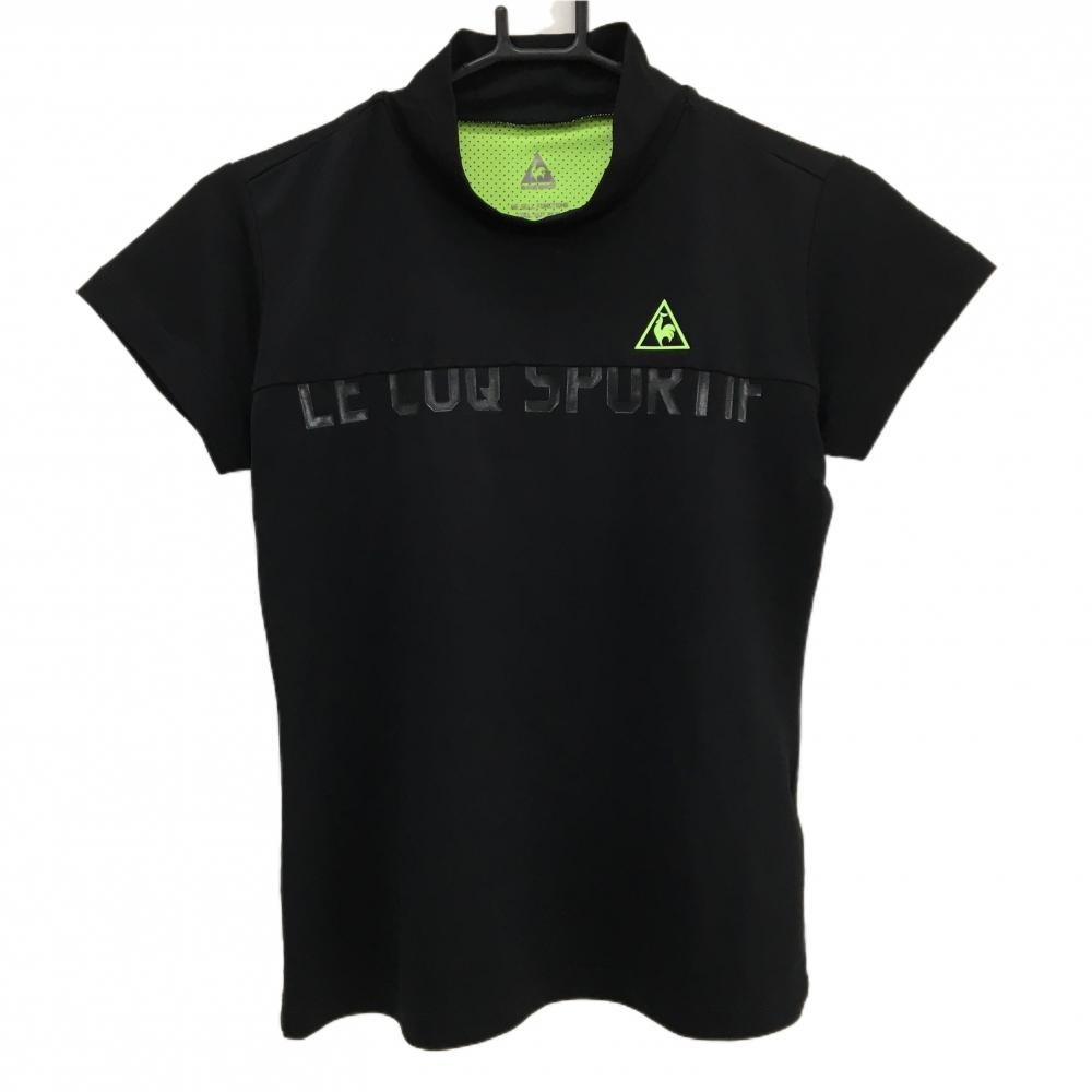 【超美品】ルコックゴルフ 半袖ハイネックシャツ 黒 ロゴ蛍光グリーン  レディース M ゴルフウェア le coq sportif