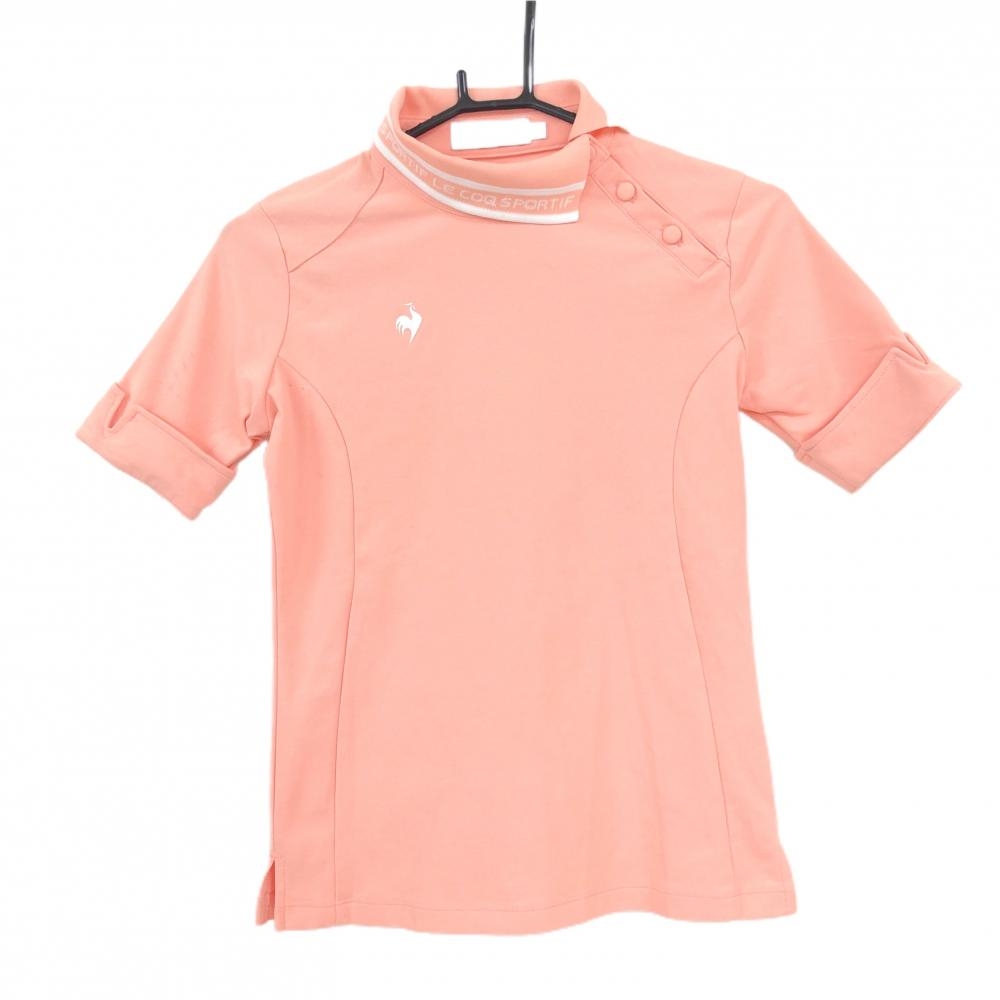 ルコックゴルフ 半袖ハイネックシャツ サーモンピンク×白 ネックロゴ 肩ボタン レディース S ゴルフウェア le coq sportif