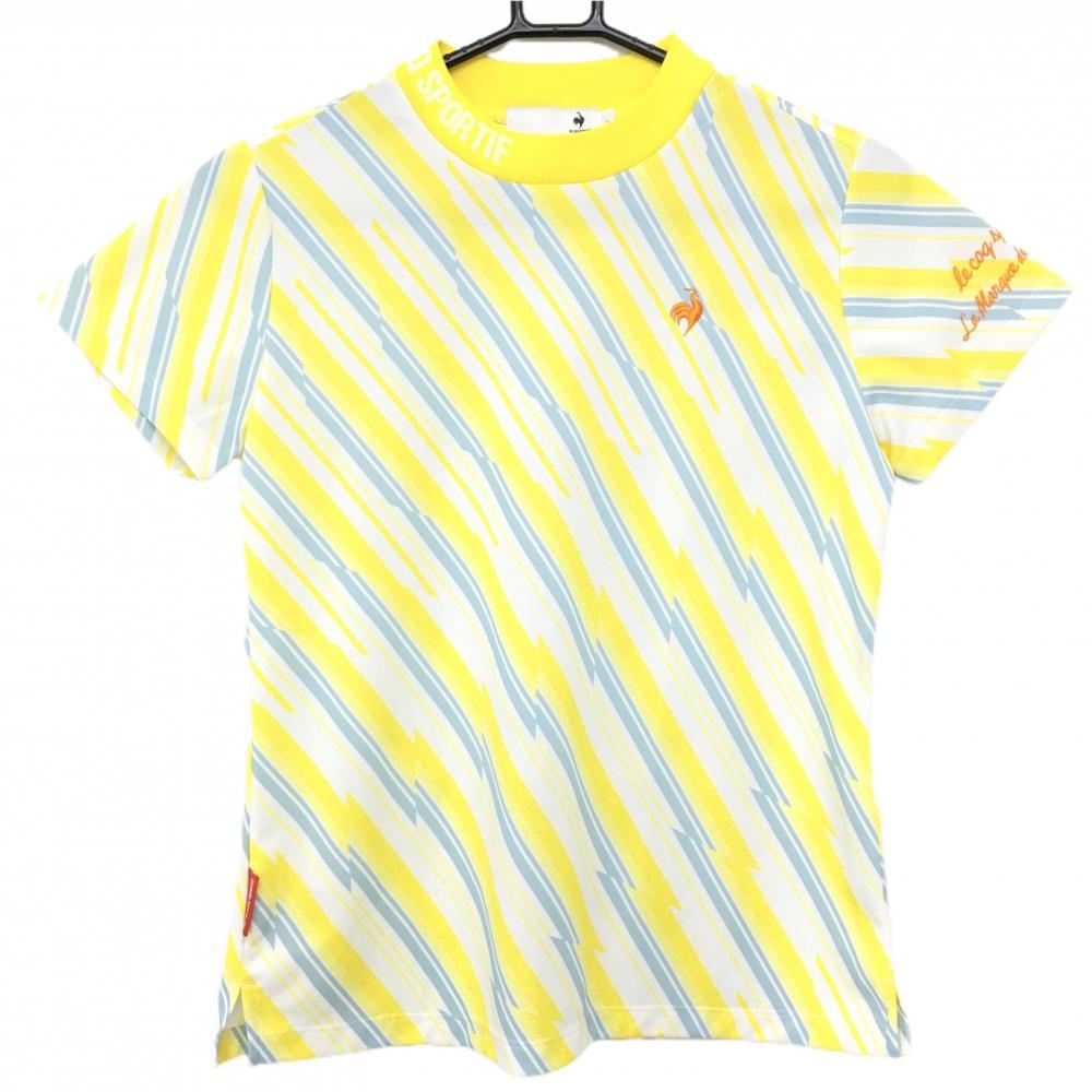 【超美品】ルコックゴルフ 半袖ハイネックシャツ イエロー×白 斜めライン ネックロゴ レディース L ゴルフウェア le coq sportif