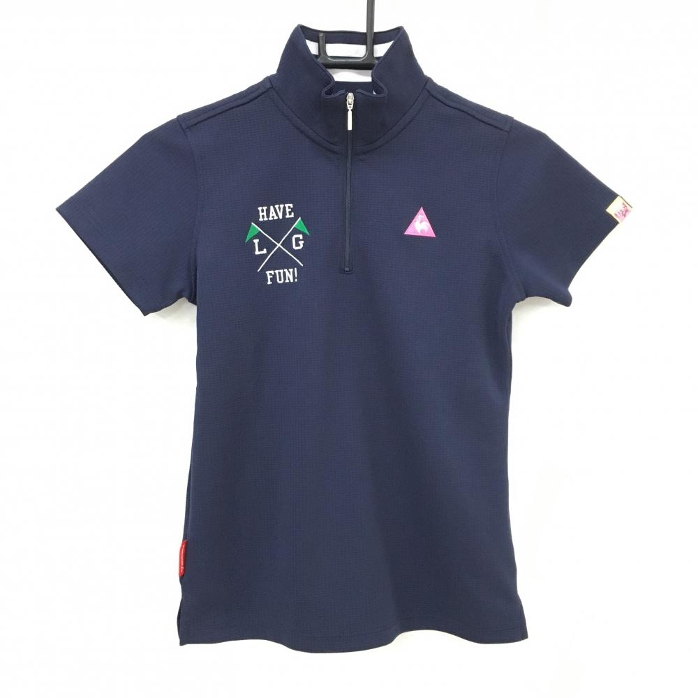 【超美品】ルコックゴルフ 半袖ハイネックシャツ ネイビー×白 織生地 ロゴ刺しゅう  レディース M ゴルフウェア le coq sportif