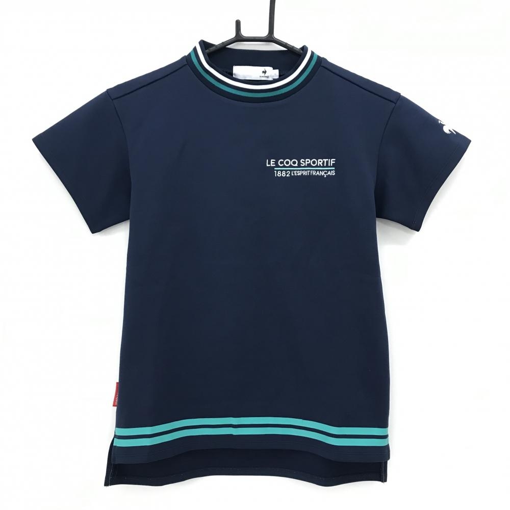 【超美品】ルコックゴルフ 半袖ハイネックシャツ ネイビー×白 ロゴ刺しゅう ネック・裾ライン レディース M ゴルフウェア le coq sportif