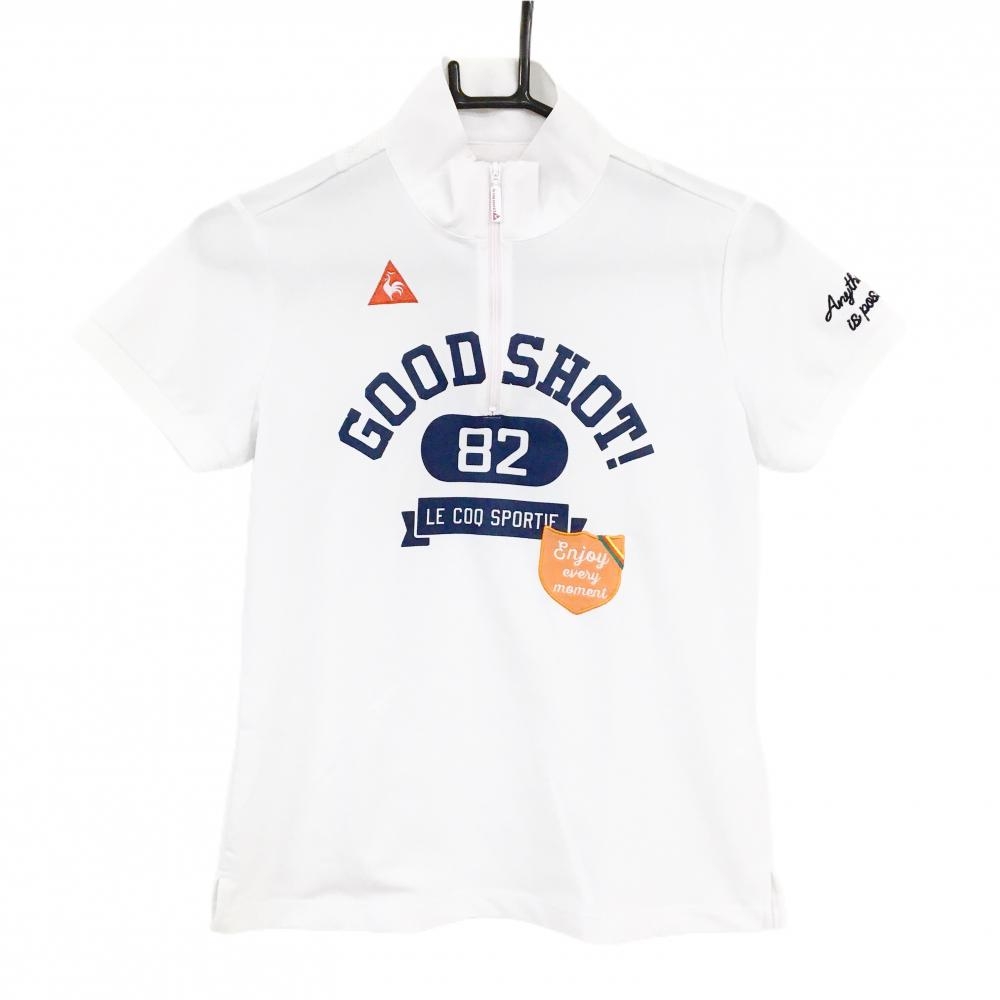 【美品】ルコックゴルフ 半袖ハイネックシャツ 白×ダークネイビー レディース M ゴルフウェア le coq sportif