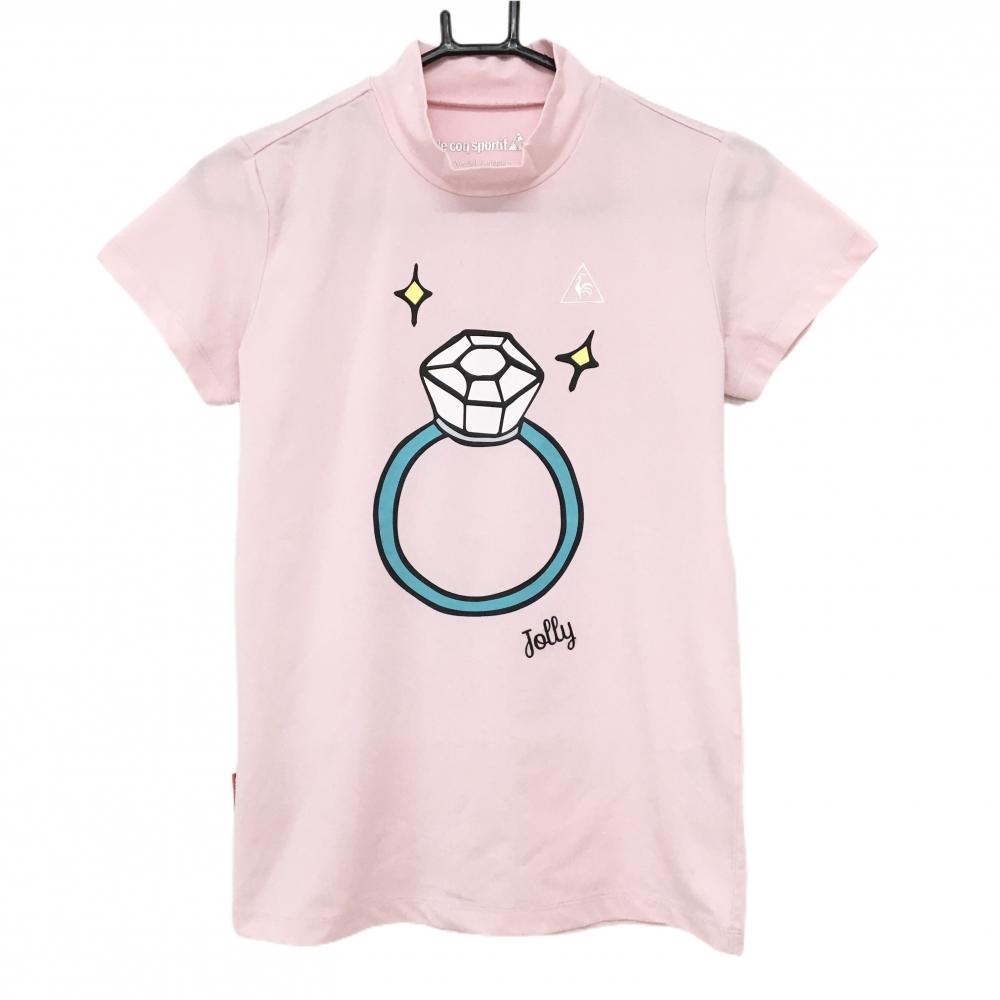 【美品】ルコックゴルフ 半袖ハイネックシャツ ピンク×白 指輪柄 ロゴ刺しゅう  レディース M ゴルフウェア le coq sportif