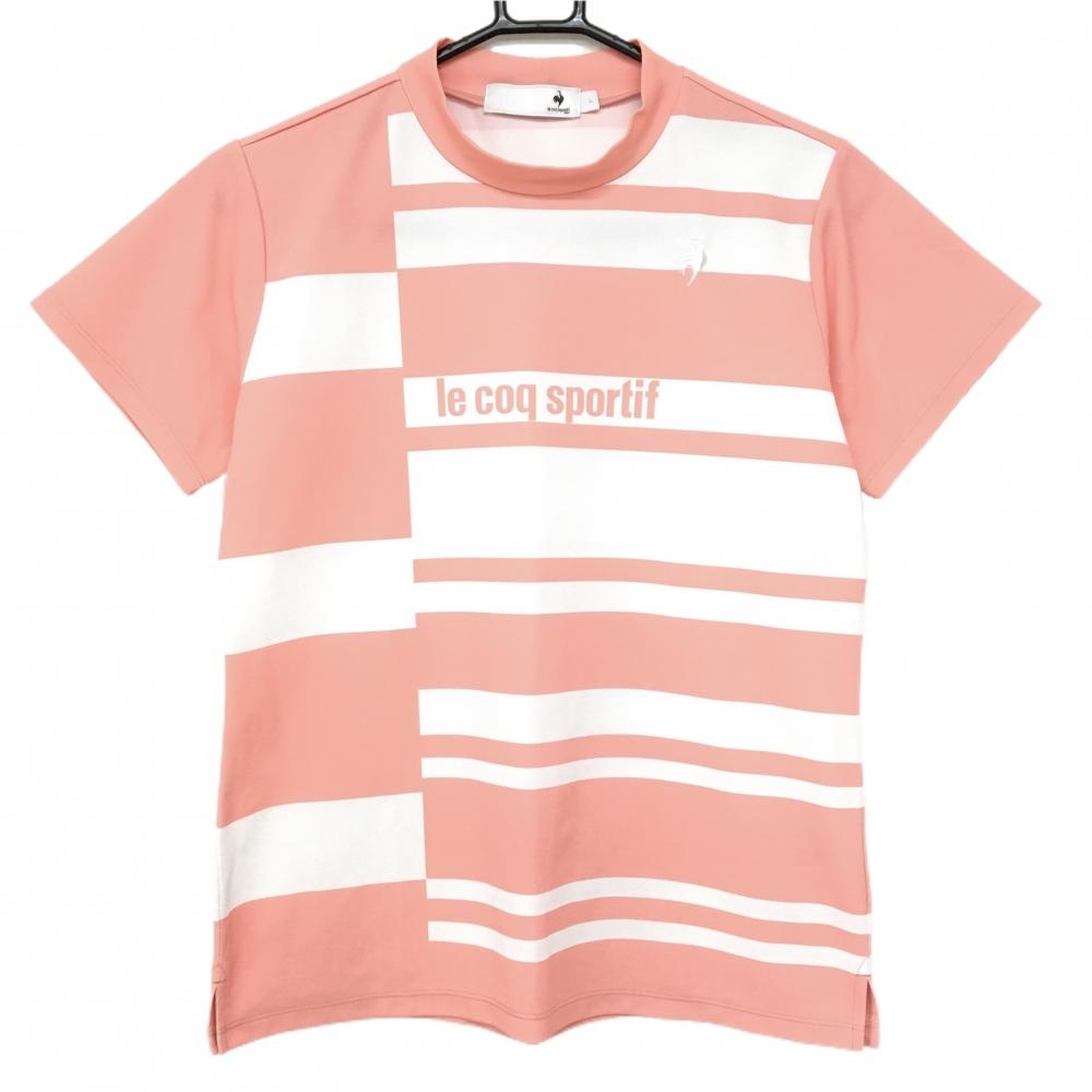 【超美品】ルコックゴルフ 半袖ハイネックシャツ サーモンピンク×白 総柄 ロゴ刺しゅう レディース L ゴルフウェア le coq sportif