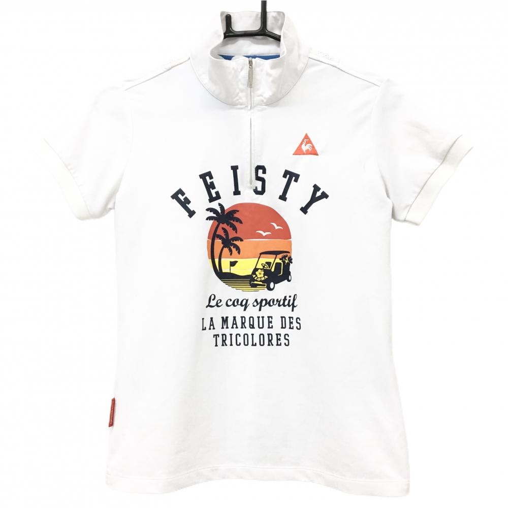 【美品】ルコック 半袖ハイネックシャツ 白×ネイビー フロントプリント レディース M ゴルフウェア le coq sportif