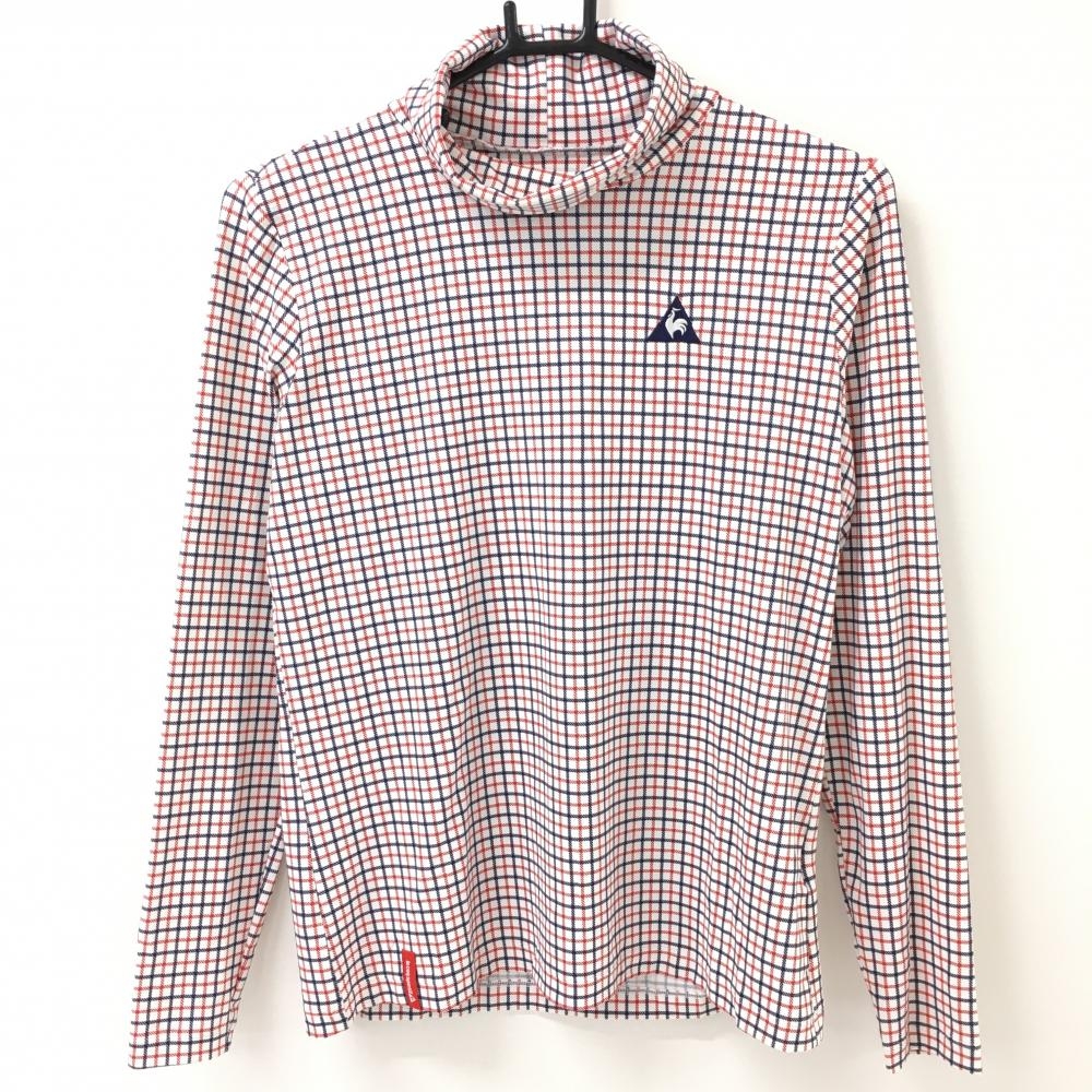 【美品】ルコック 長袖ハイネックシャツ 白×ネイビー チェック柄 総柄 ストレッチ レディース L ゴルフウェア le coq sportif