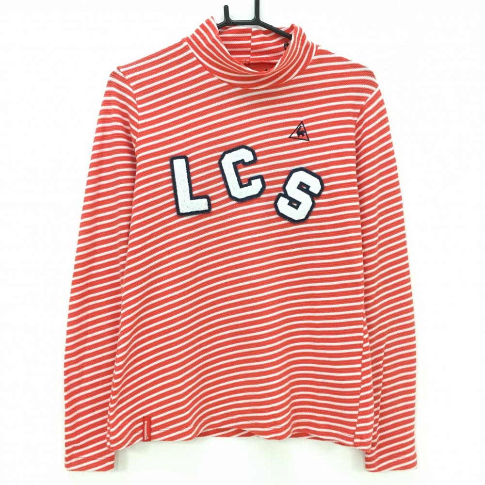 【美品】ルコック 長袖ハイネックシャツ レッド×白 ボーダー パイル地ワッペン レディース L ゴルフウェア le coq sportif