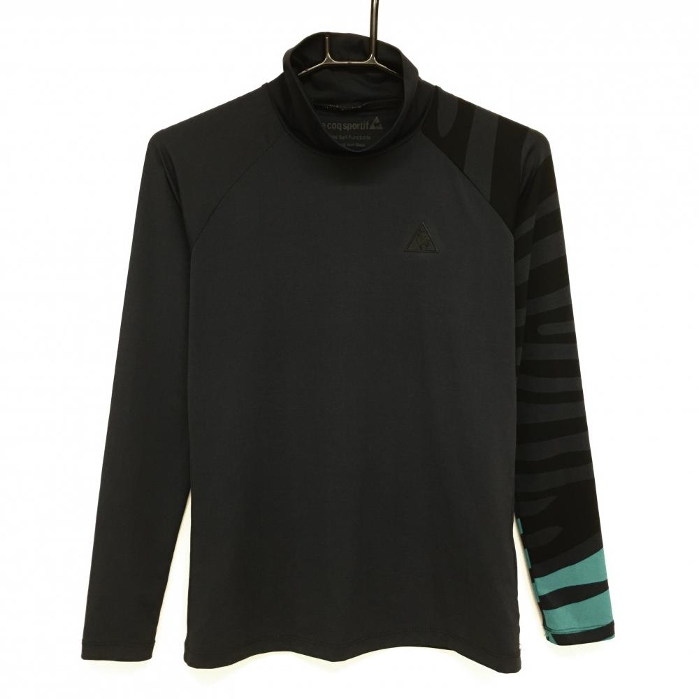 【美品】ルコック 長袖ハイネックシャツ グレー×黒 一部柄 胸元ロゴ レディース M ゴルフウェア le coq sportif