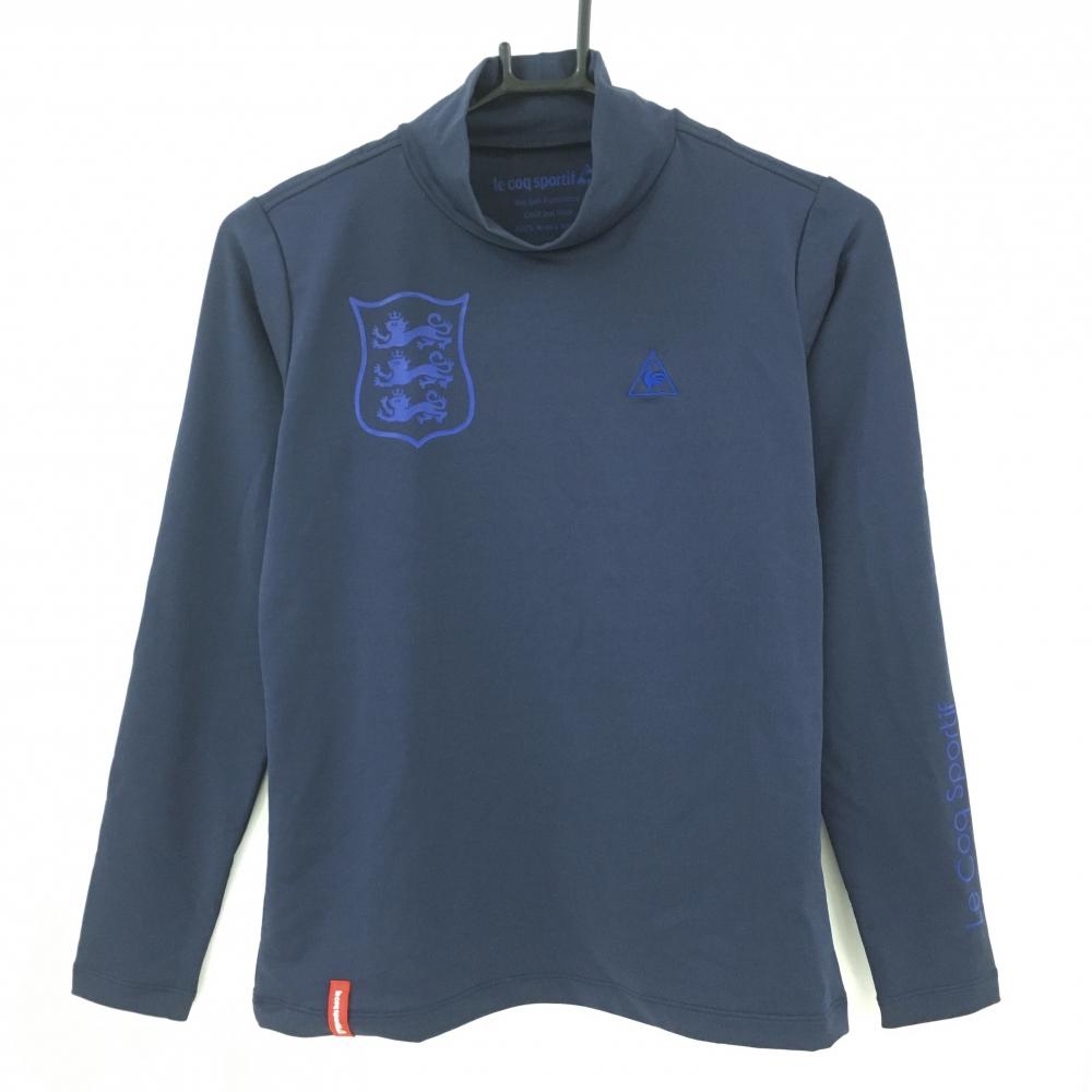 【美品】ルコック 長袖ハイネックシャツ ネイビー 裏微起毛 袖ロゴ レディース S ゴルフウェア le coq sportif