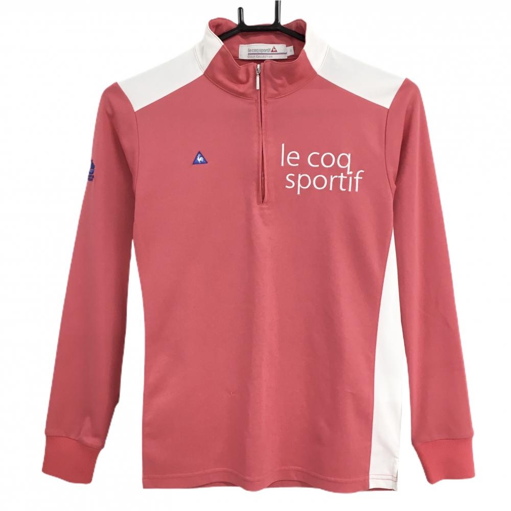 ルコックゴルフ 長袖ハイネックシャツ ピンク×白 ハーフジップ ロゴ刺しゅう レディース S ゴルフウェア le coq sportif