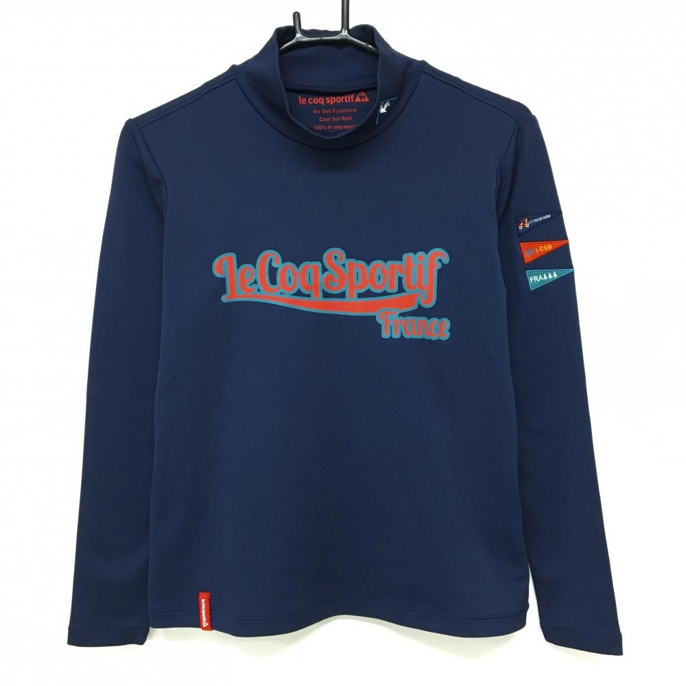 【超美品】ルコックゴルフ 長袖ハイネックシャツ ネイビー×オレンジ フロントロゴ 裏微起毛 レディース M ゴルフウェア le coq sportif