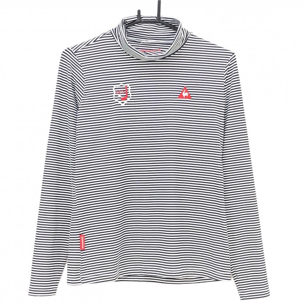 【美品】ルコックゴルフ 長袖ハイネックシャツ 白×ダークネイビー ボーダー ロゴ刺しゅう レディース L ゴルフウェア le coq sportif