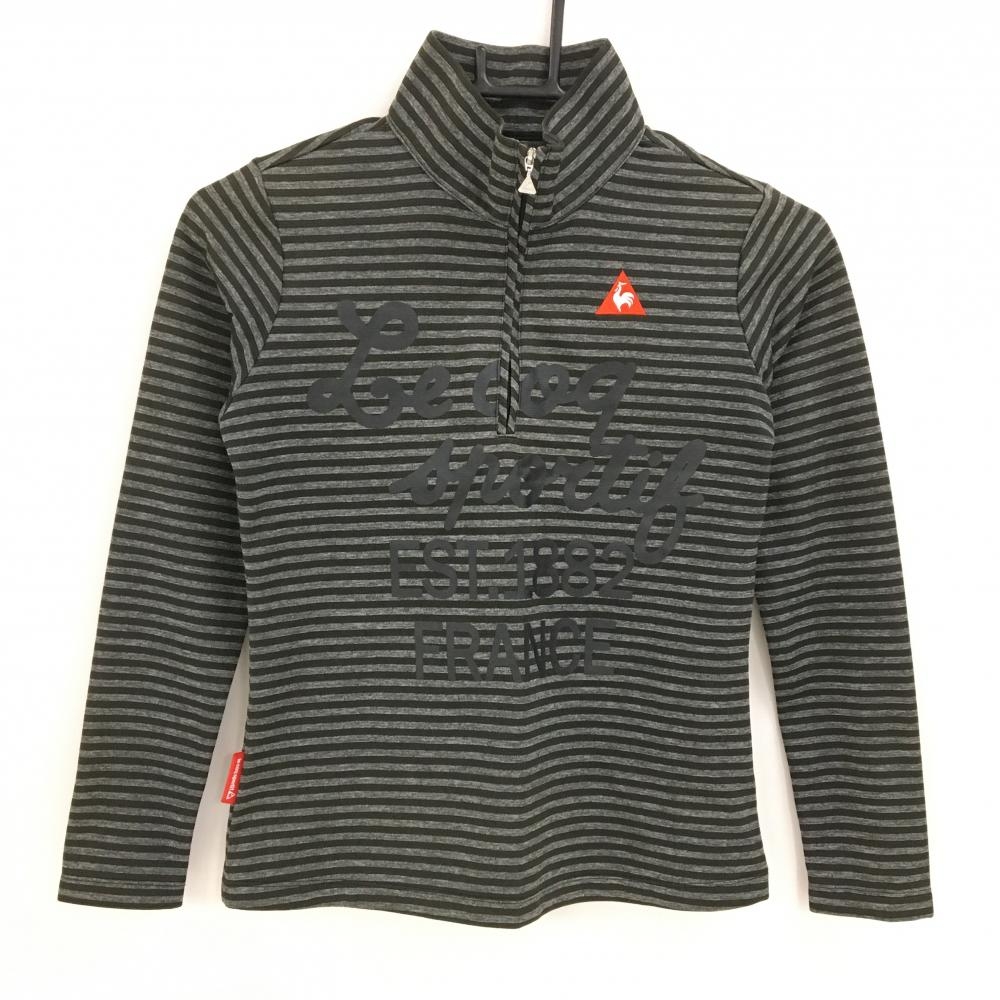 【超美品】ルコック 長袖ハイネックシャツ 杢グレー×黒　ボーダー フロントプリント  レディース S ゴルフウェア le coq sportif