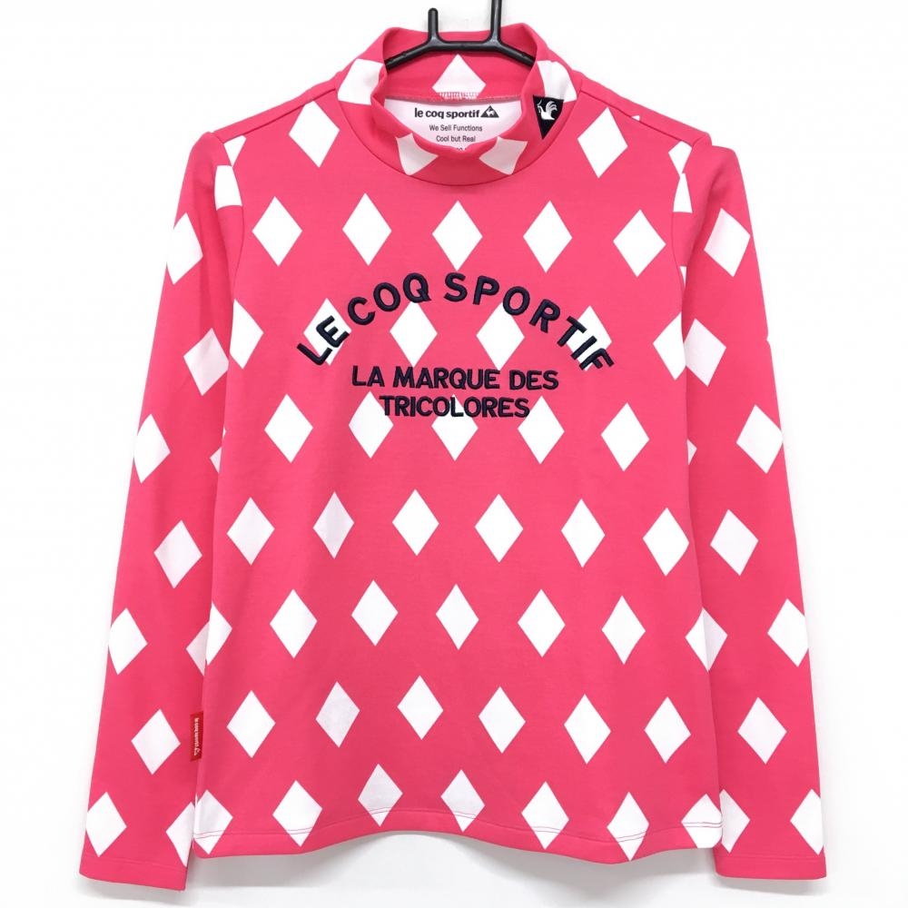 【超美品】ルコックゴルフ 長袖ハイネックシャツ ピンク×白 ダイヤ柄 ロゴネイビー レディース L ゴルフウェア le coq sportif