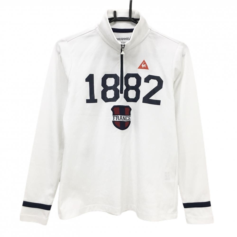 ルコックゴルフ 長袖ハイネックシャツ 白×ネイビー ハーフジップ 袖口ライン ロゴ刺しゅう  レディース L ゴルフウェア le coq sportif