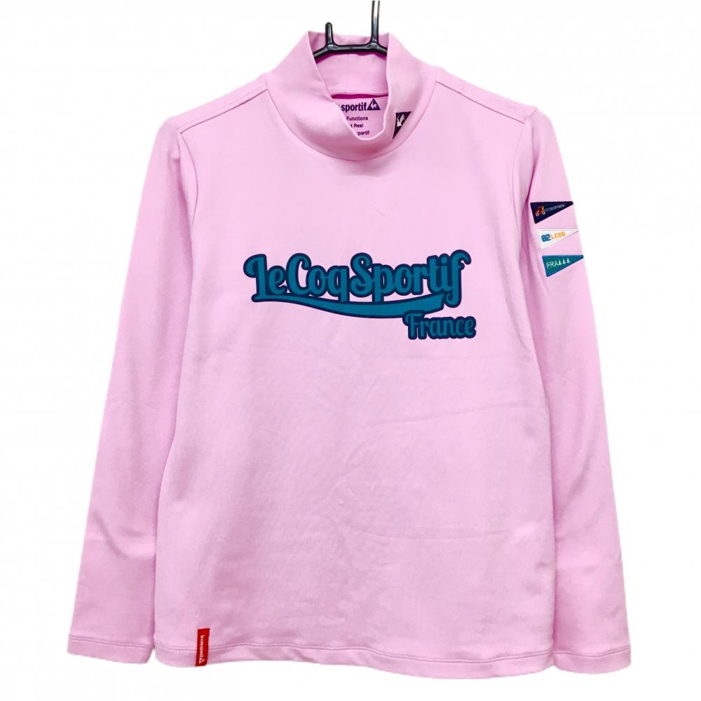 【超美品】ルコックゴルフ 長袖ハイネックシャツ ピンク×ブルーグリーン 裏微起毛 袖ペナント レディース LL ゴルフウェア le coq sportif