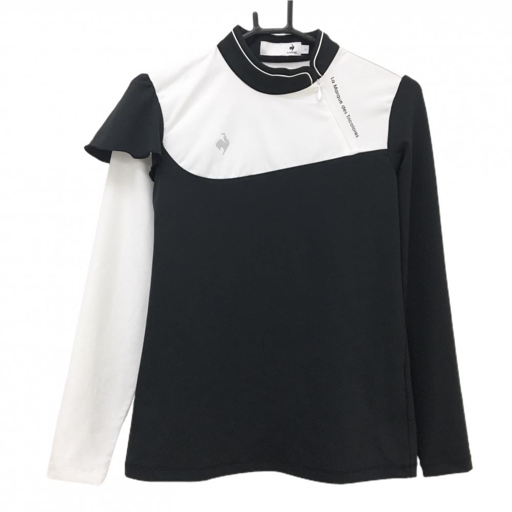 【超美品】ルコックゴルフ 長袖ハイネックシャツ 白×黒 斜めハーフジップ 袖一部フリル レディース M ゴルフウェア le coq sportif