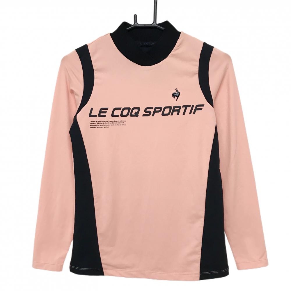 【超美品】ルコックゴルフ 長袖ハイネックシャツ サーモンピンク系×黒 フロントロゴプリント レディース M ゴルフウェア le coq sportif