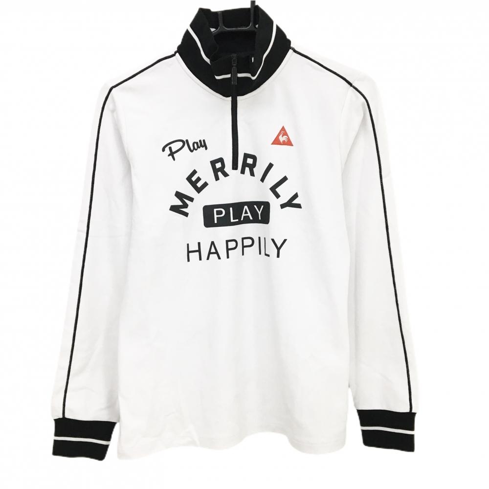 ルコック 長袖ハイネックシャツ 白×黒 袖ライン ロゴプリント ハーフジップ レディース LL ゴルフウェア le coq sportif