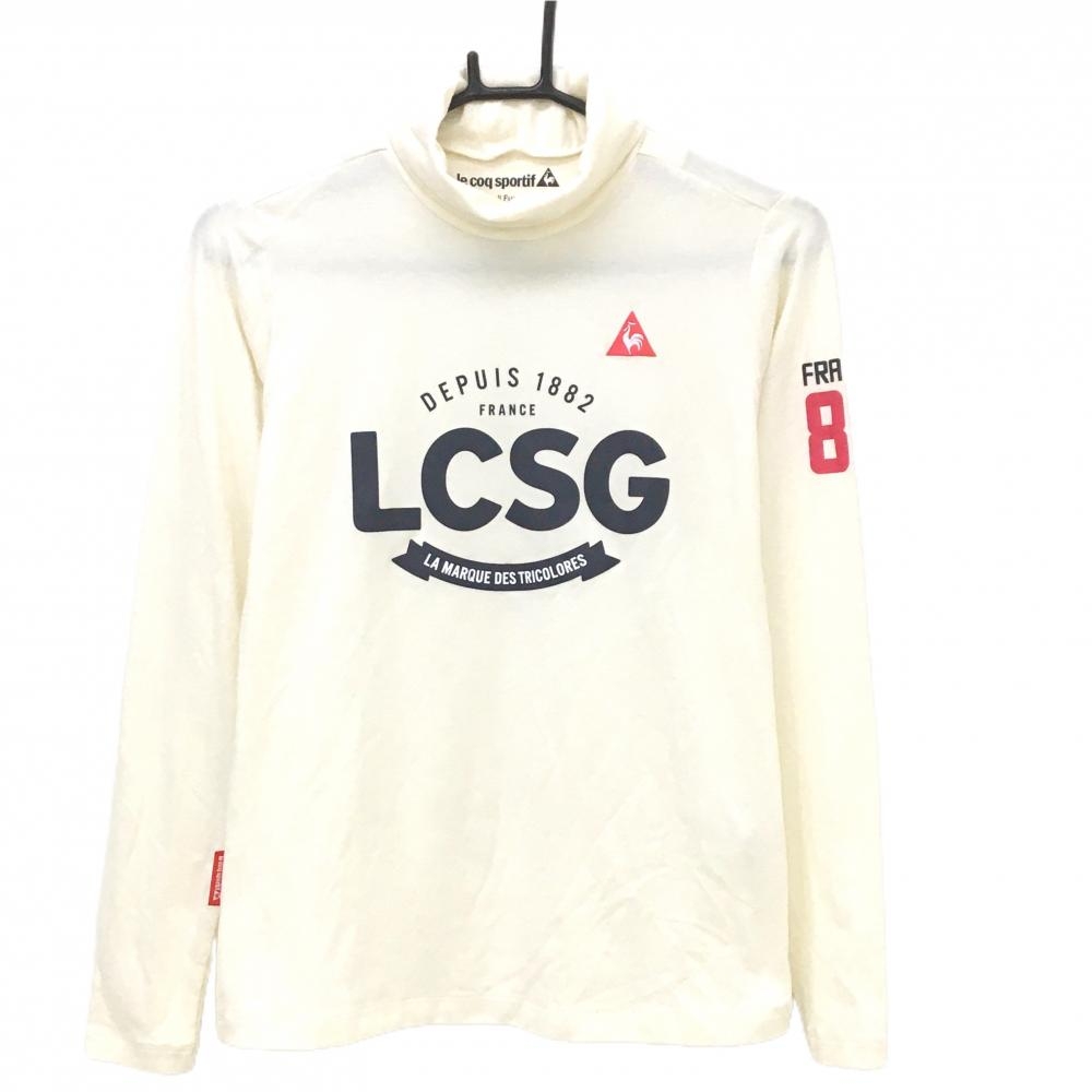 【美品】ルコックゴルフ 長袖ハイネックシャツ 白×ネイビー 微起毛 フロントロゴ レディース M ゴルフウェア le coq sportif