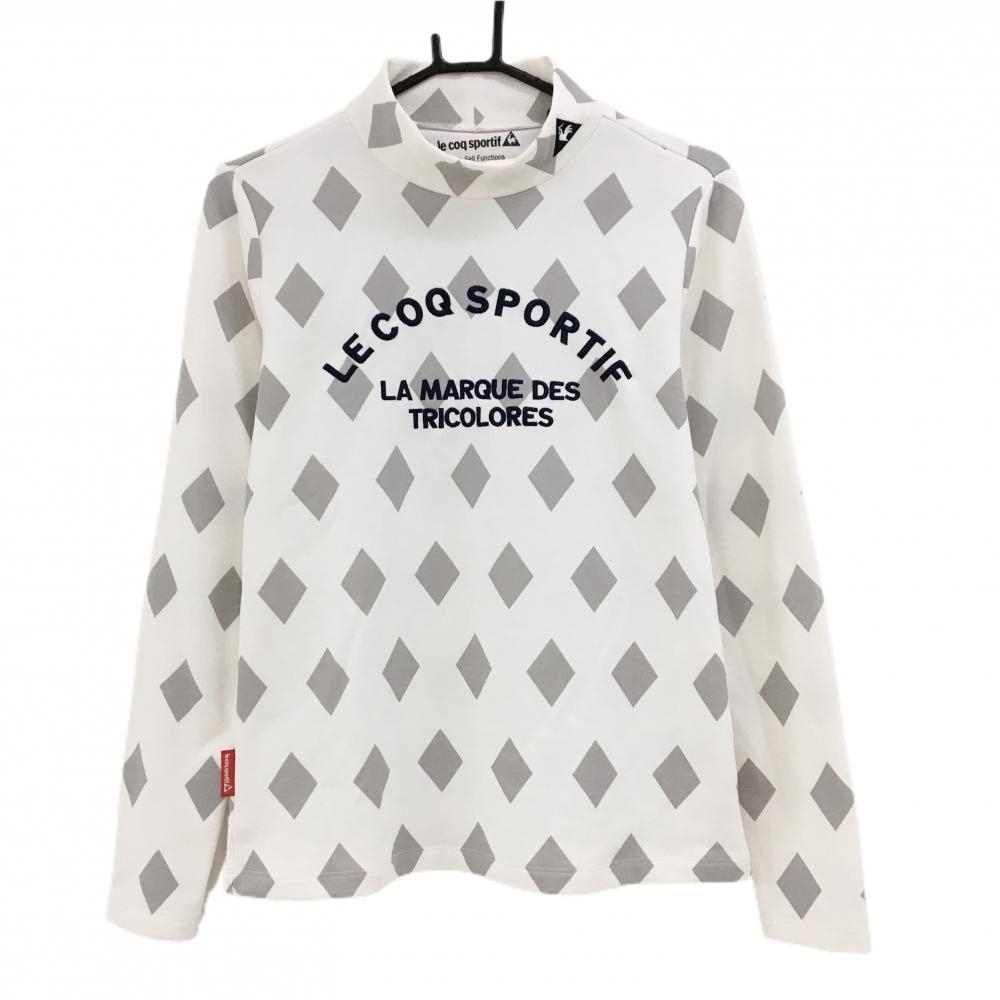 【美品】ルコックゴルフ 長袖ハイネックシャツ 白×グレー ダイヤ柄 裏微起毛 ロゴ刺しゅう レディース LL ゴルフウェア le coq sportif