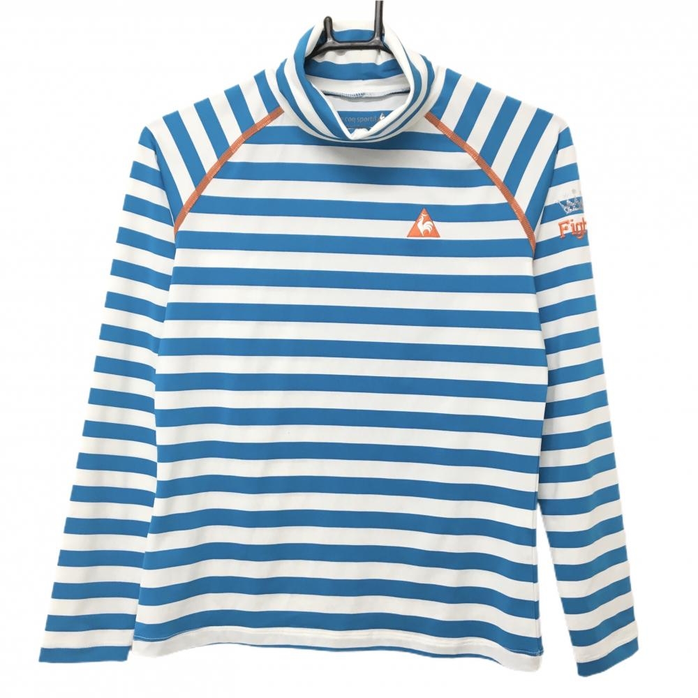 【美品】ルコックゴルフ 長袖タートルネックシャツ 白×ブルー ボーダー ロゴ刺しゅう レディース M ゴルフウェア le coq sportif