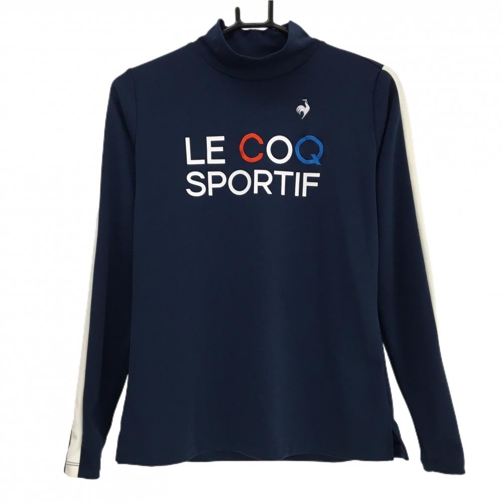 【超美品】ルコックゴルフ 長袖ハイネックシャツ ネイビー×白 フロントビッグロゴ レディース L ゴルフウェア le coq sportif