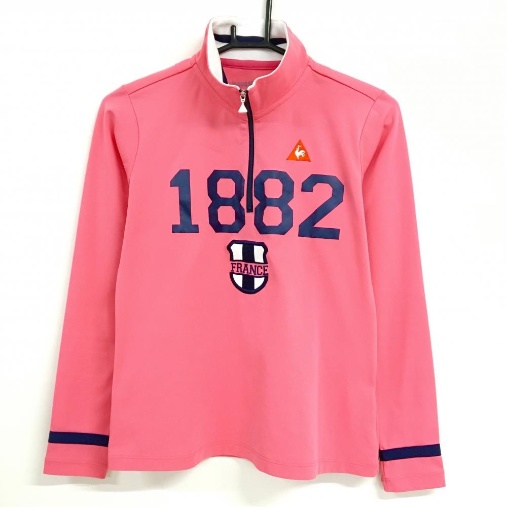 【美品】ルコックゴルフ 長袖ハイネックシャツ ピンク ロゴネイビー ハーフジップ ストレッチ  レディース L ゴルフウェア le coq sportif