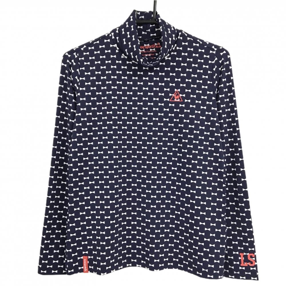 【超美品】ルコック 長袖タートルネックシャツ ネイビー×白 リボン総柄 ストレッチ  レディース L ゴルフウェア le coq sportif