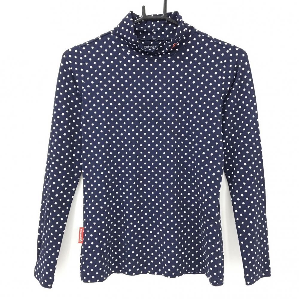 【美品】ルコックゴルフ 長袖ハイネックシャツ ネイビー×白 星総柄 ネック刺しゅう  レディース S ゴルフウェア le coq sportif
