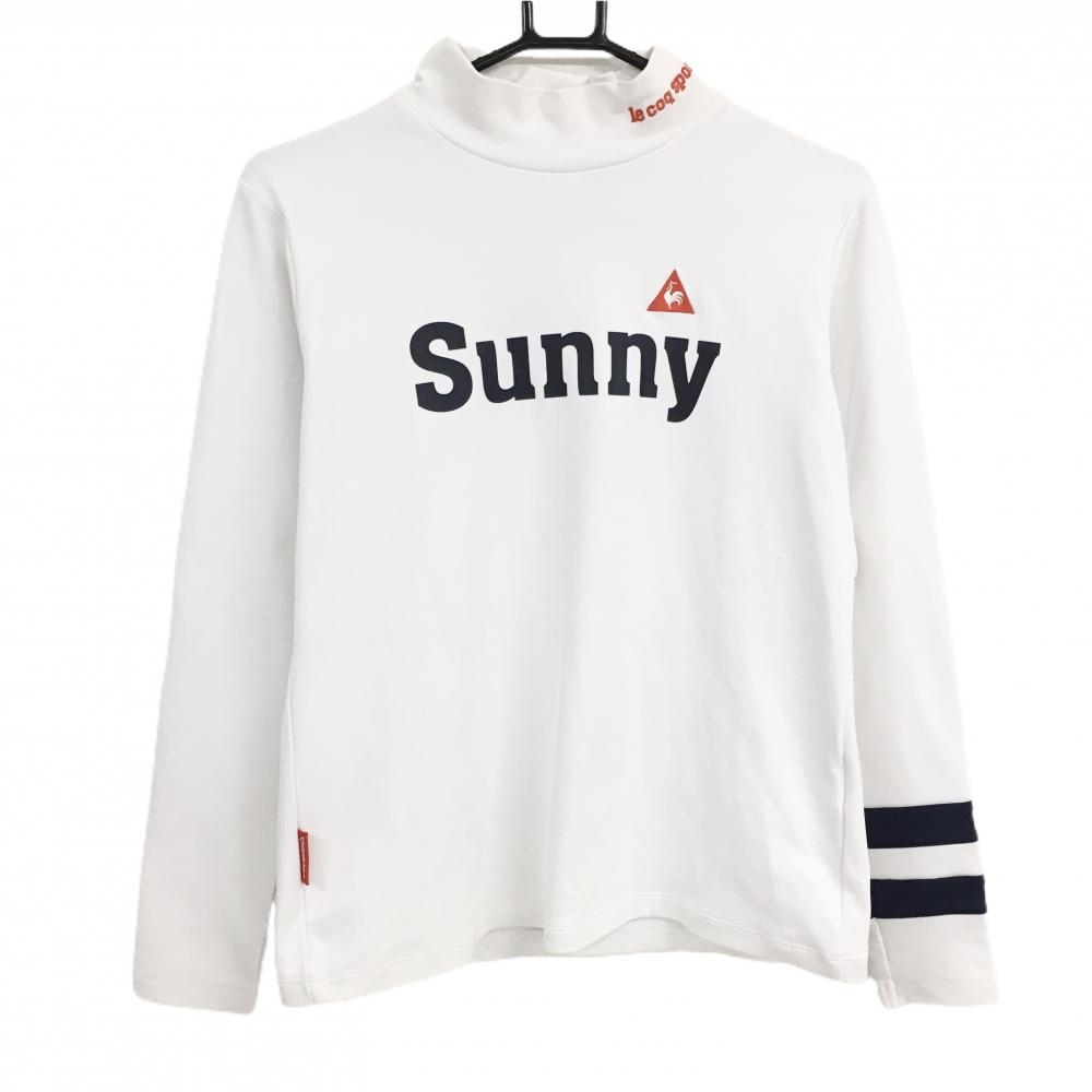 【超美品】ルコックゴルフ 長袖ハイネックシャツ 白 裏微起毛 袖ネイビーライン レディース LL ゴルフウェア le coq sportif