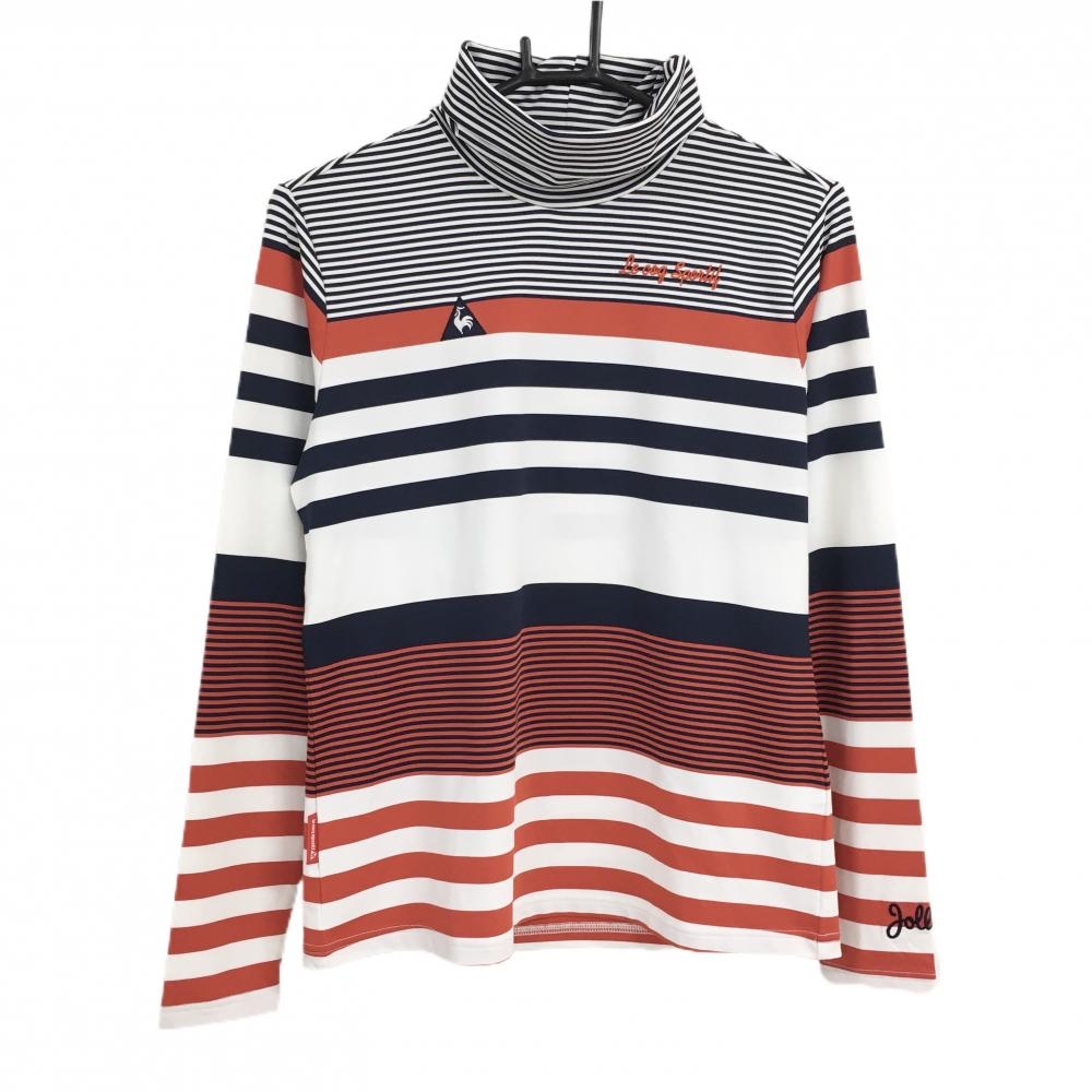 【超美品】ルコック 長袖タートルネックシャツ 白×ネイビー×レッド ランダムボーダー  レディース LL ゴルフウェア le coq sportif