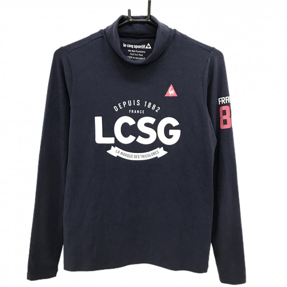 ルコックゴルフ 長袖ハイネックシャツ ネイビー×白 表微起毛 フロントプリント レディース M ゴルフウェア le coq sportif