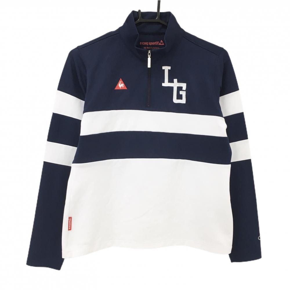 【美品】ルコックゴルフ 長袖ハイネックシャツ ネイビー×白 切替 ハーフジップ レディース LL ゴルフウェア le coq sportif