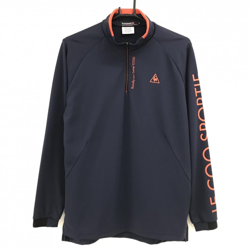 ルコックゴルフ 長袖ハイネックシャツ ネイビー×レッド ハーフジップ ロゴプリント レディース M ゴルフウェア le coq sportif