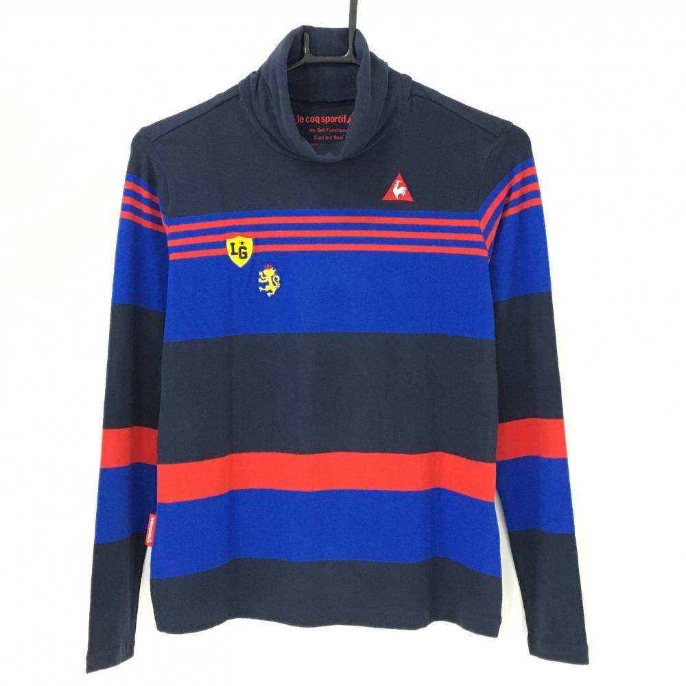 【超美品】ルコックゴルフ 長袖タートルネックシャツ ダークネイビー×ブルー×レッド レディース M ゴルフウェア le coq sportif