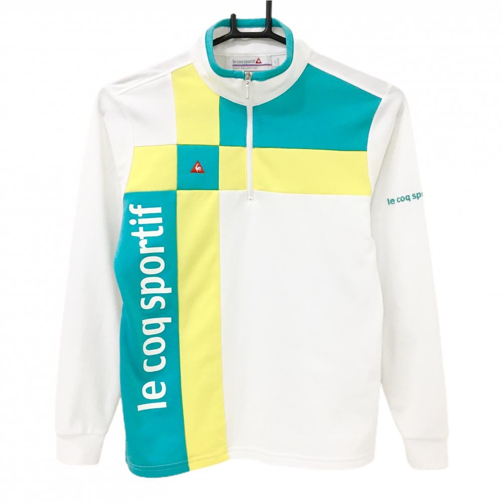 ルコックゴルフ 長袖ハイネックシャツ 白×イエロー×ブルーグリーン ハーフジップ  レディース S ゴルフウェア le coq sportif