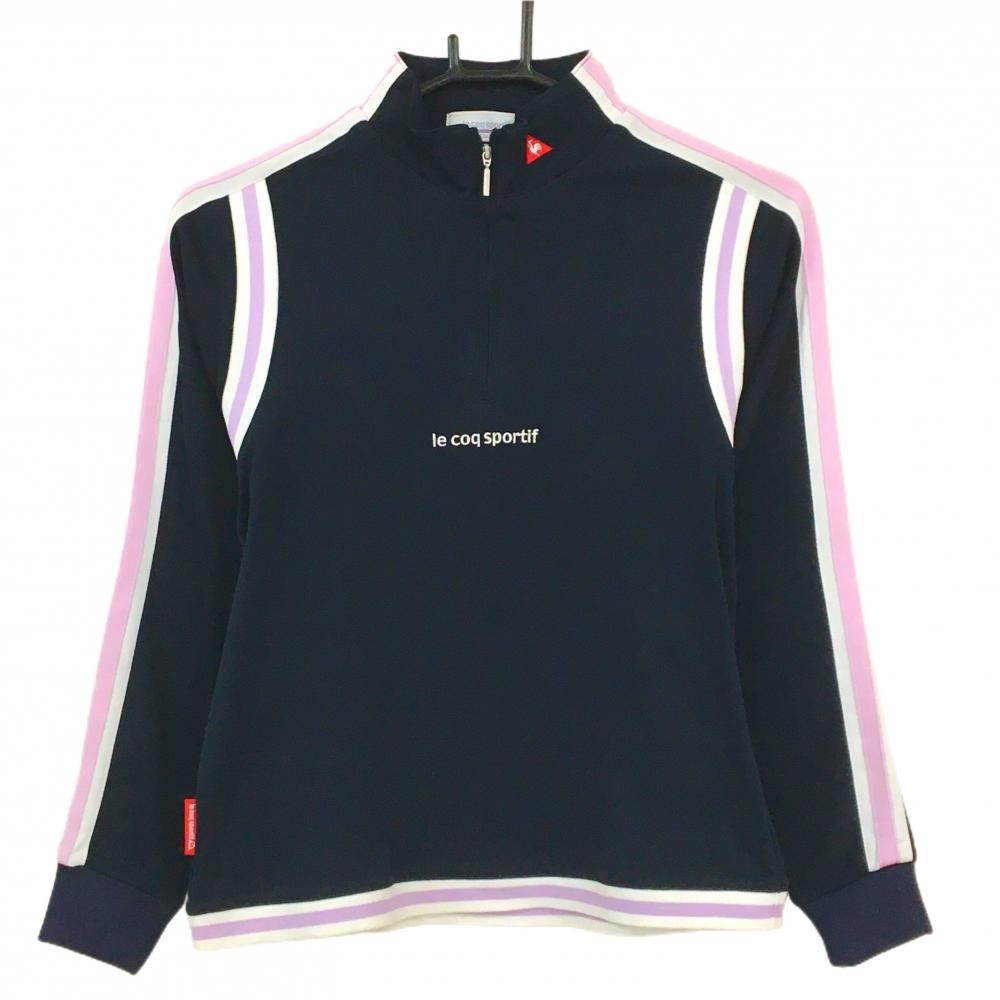 【美品】ルコックゴルフ 長袖ハイネックシャツ ネイビー×ピンク ハーフジップ レディース S ゴルフウェア le coq sportif