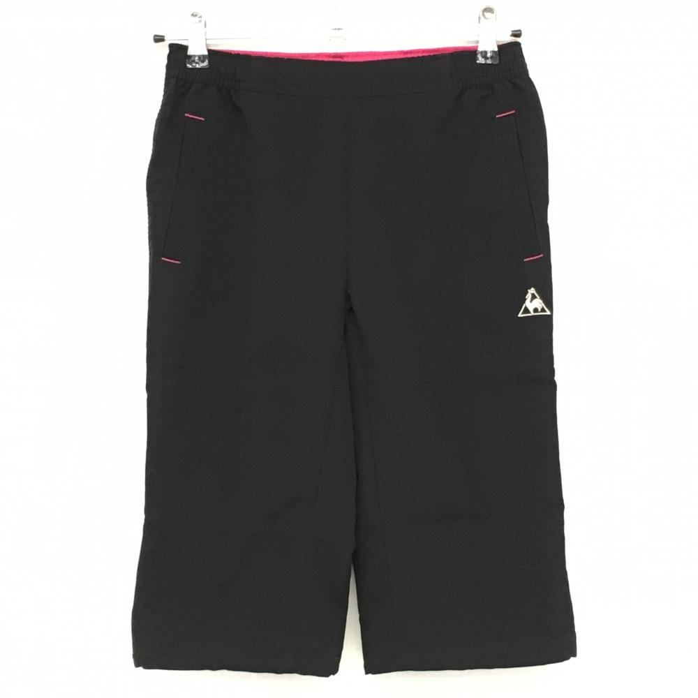 【超美品】ルコック 半端丈パンツ 黒×ピンク 一部ドット柄 ロゴ刺しゅう 裾ドローコード レディース S ゴルフウェア le coq sportif