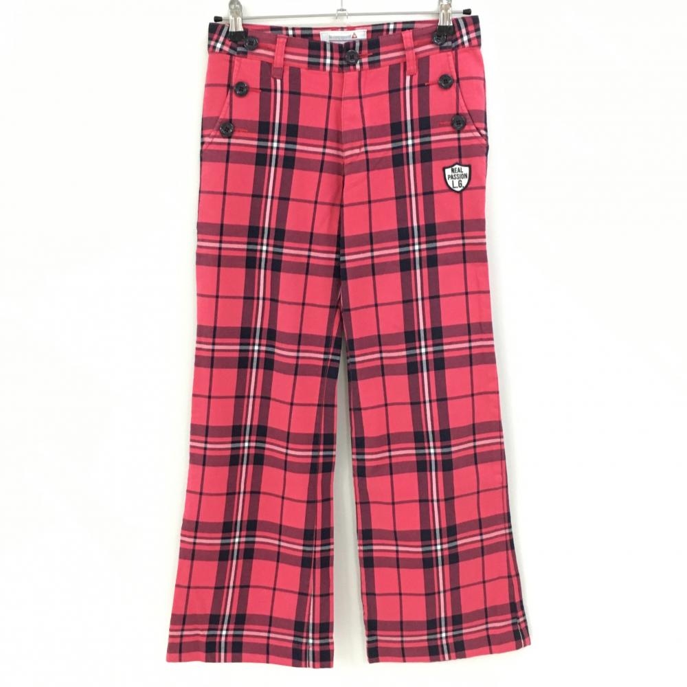 【美品】ルコック パンツ ピンク×ネイビー チェック 総柄 ストレッチ  レディース 7 ゴルフウェア le coq sportif