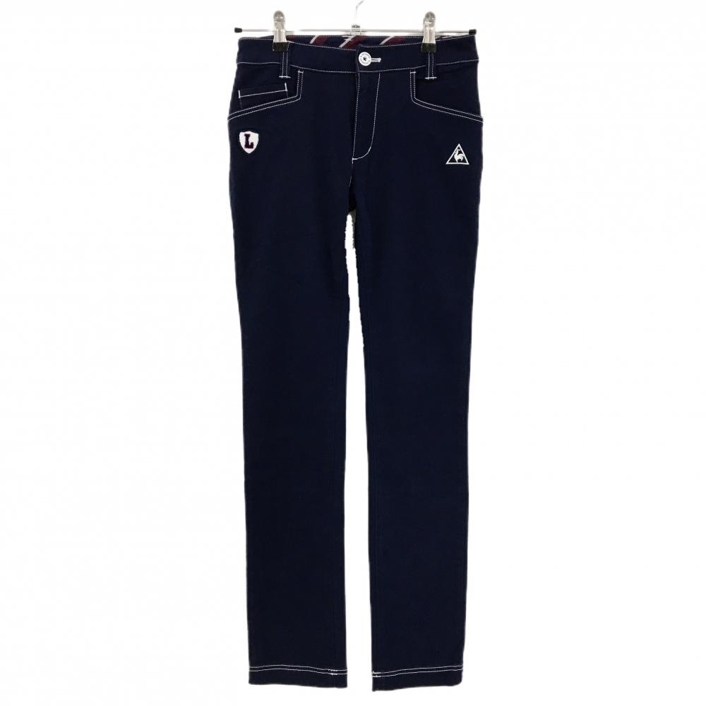 【美品】ルコック パンツ ネイビー×白 ステッチ パイル地ワッペン レディース 7 ゴルフウェア le coq sportif