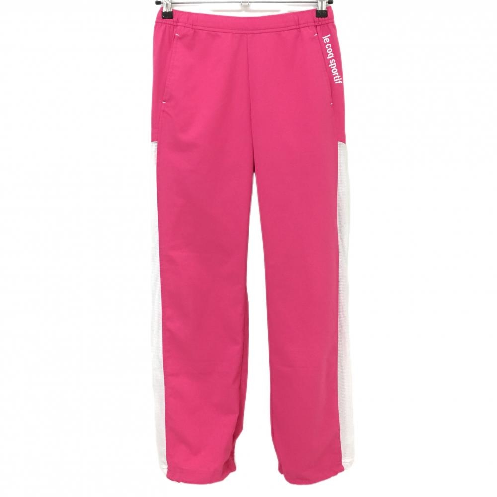 【美品】ルコック パンツ ピンク×白 サイドメッシュ ロゴ刺しゅう 裾ドローコード  レディース S ゴルフウェア le coq sportif