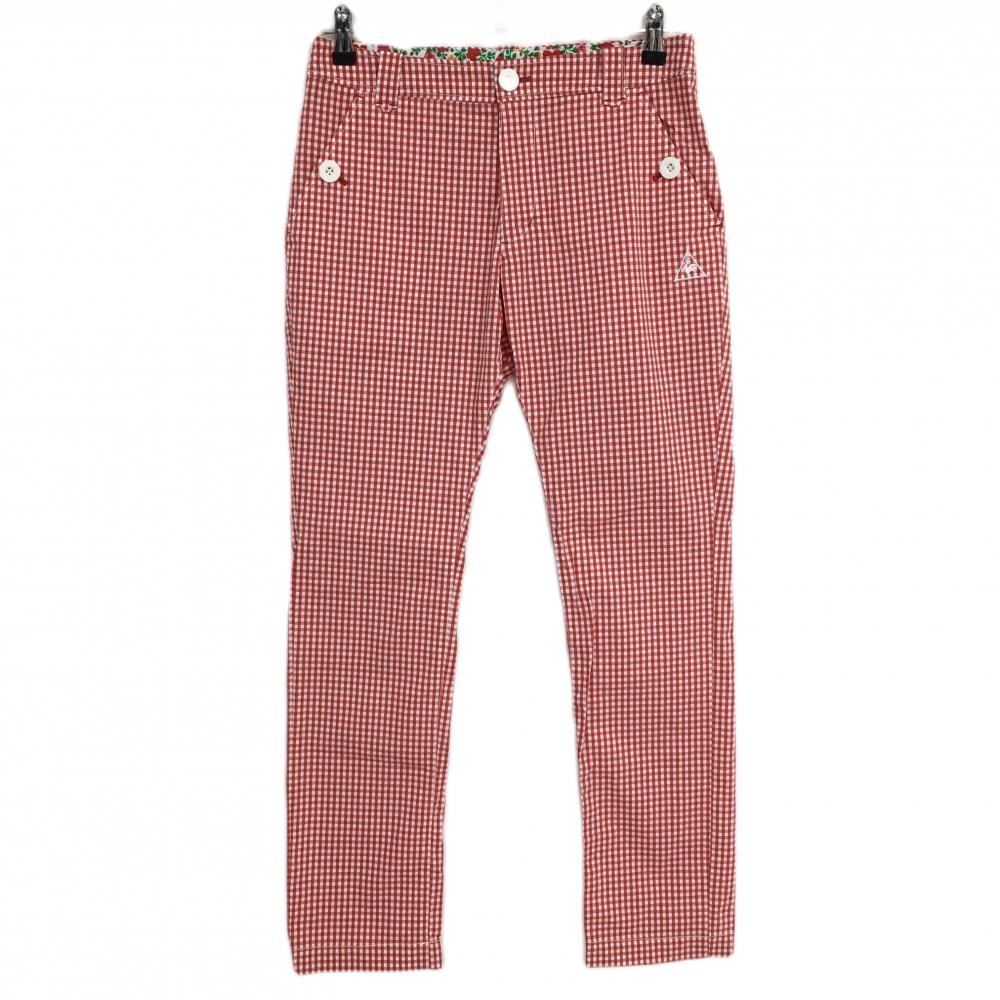 【超美品】ルコックゴルフ パンツ 白×レッド ギンガムチェック ウエスト内側花柄 ストレッチ レディース 11 ゴルフウェア le coq sportif