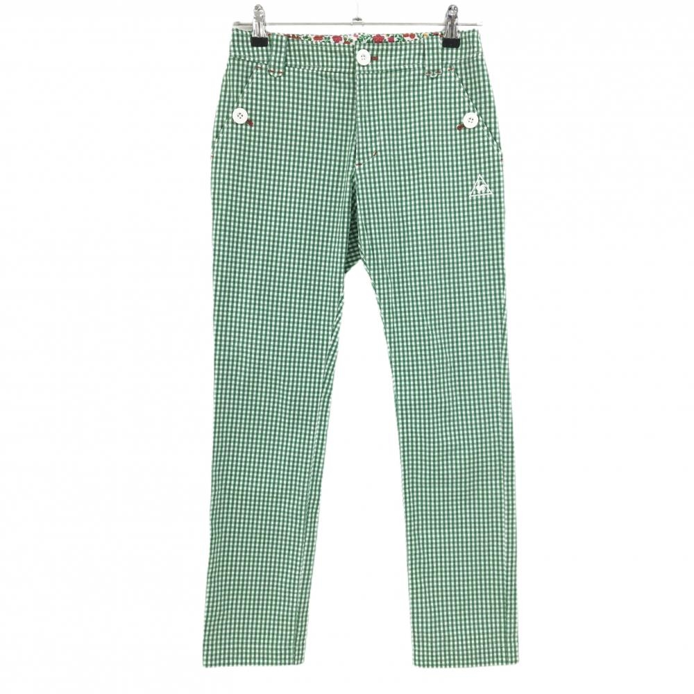 【超美品】ルコックゴルフ パンツ グリーン×白 ギンガムチェック ストレッチ レディース 7 ゴルフウェア le coq sportif