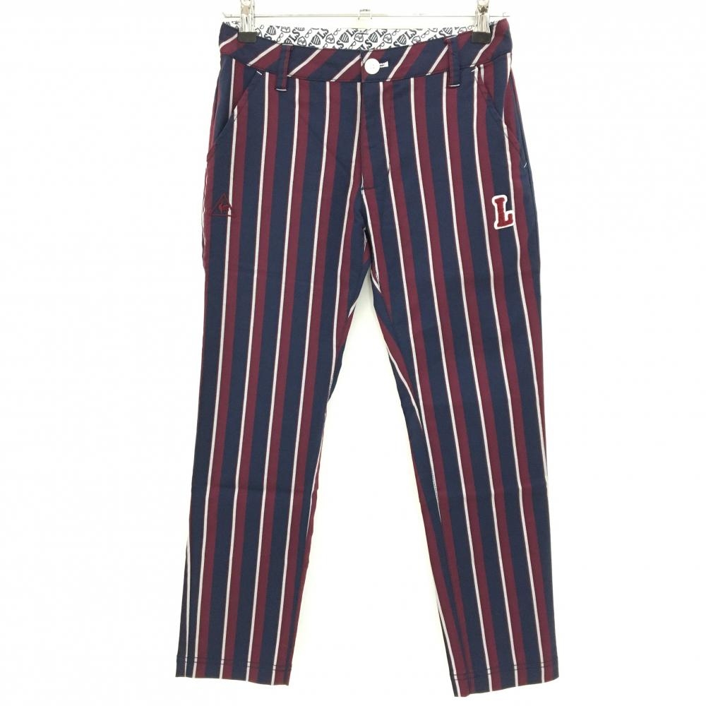 【超美品】ルコックゴルフ パンツ ネイビー×ボルドー ストライプ 刺しゅう ワッペン  レディース 7 ゴルフウェア le coq sportif